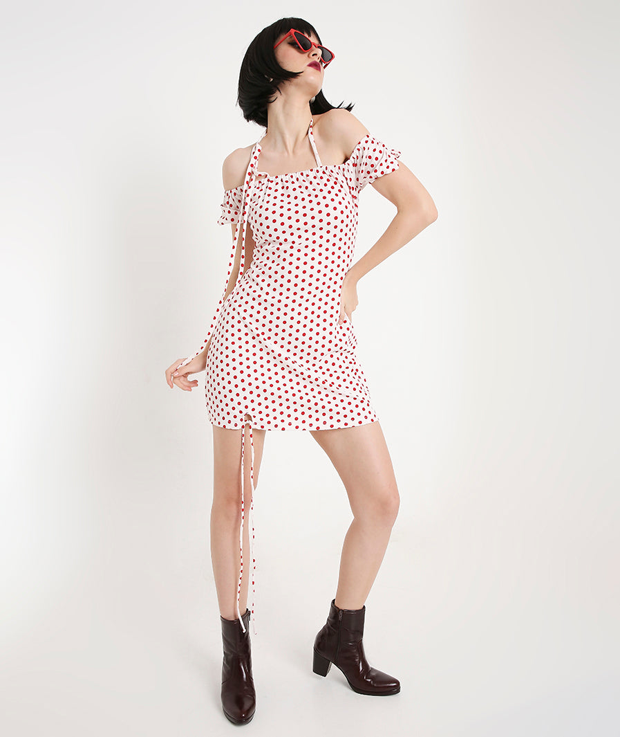 Polka Dots Mini Dress with Back TieUp and Side Knot Detail